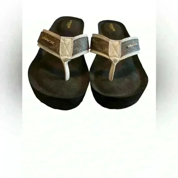 Coach Women’s Size 9 Wedge Sandals Brown/ Tan and Gold Signature C - Picture 4 of 12